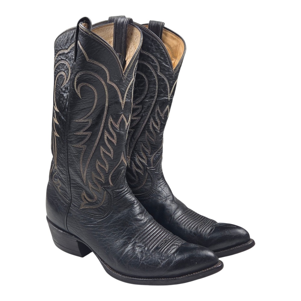 Tony Lama Pointed Toe Western Cowboy Boots Sz 10D Black Leather Stitching 6564